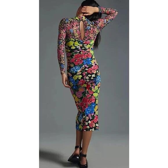 Anthropologie Mesh Halter Mock-Neck Dress – Floral Bodycon Midi, Size S - Picture 2 of 8